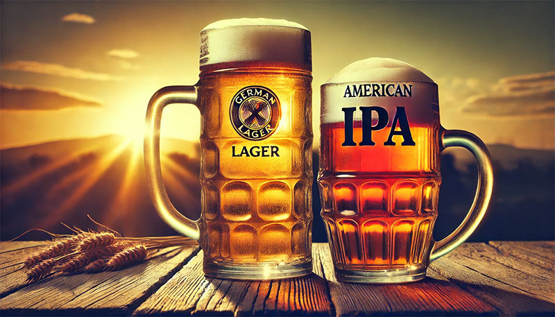 featuring the German lager and American IPA in their distinctive mugs